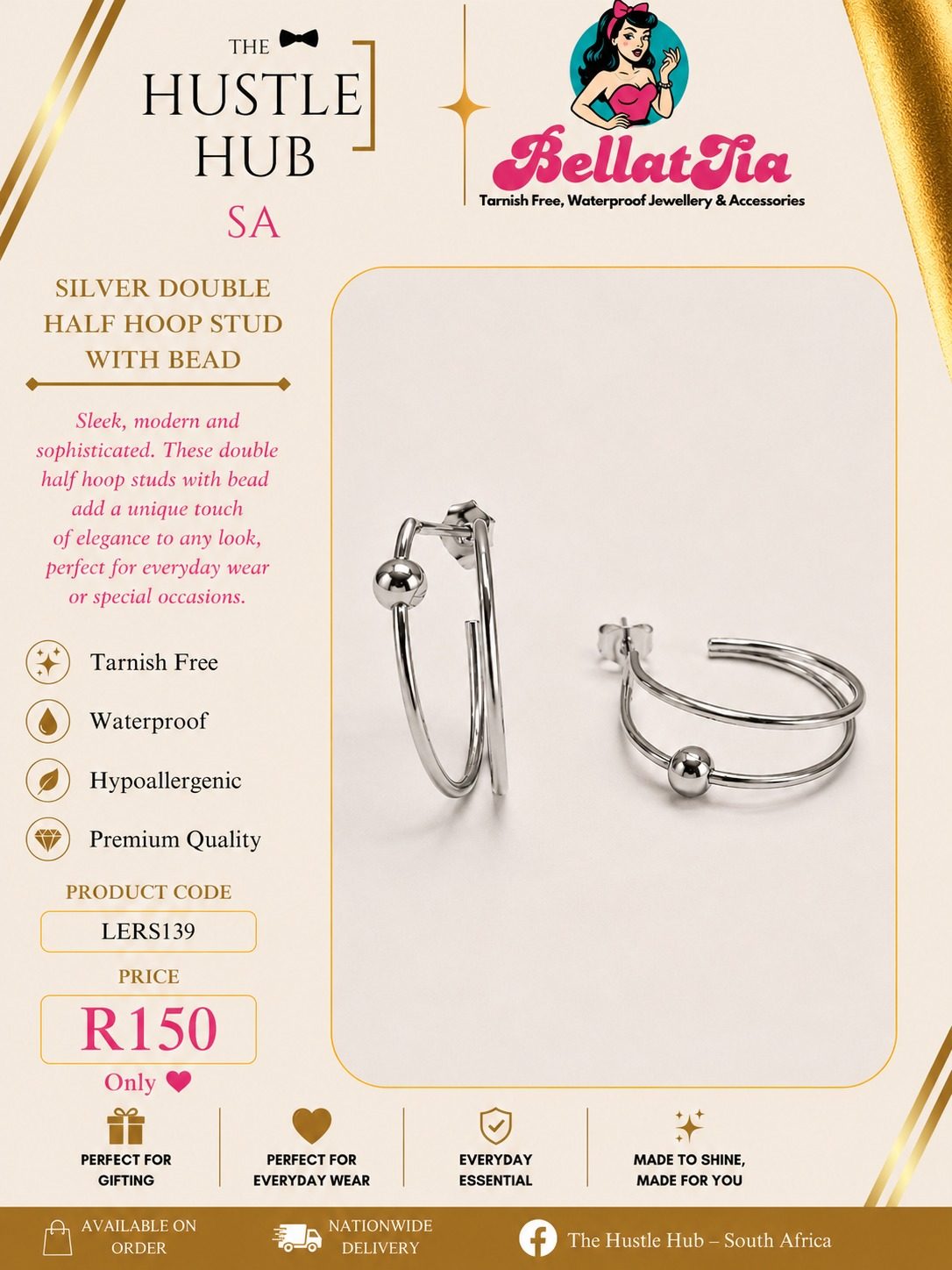 Silver Double Half Hoop Stud with Bead