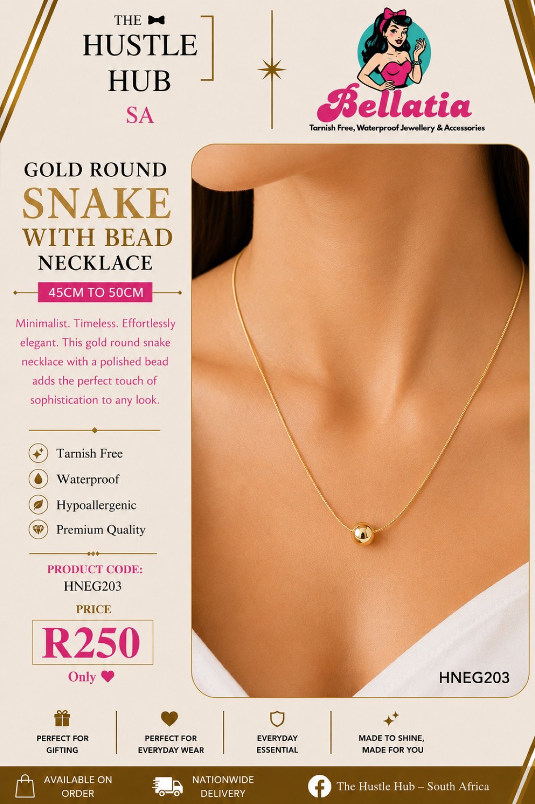 Gold Round Snake with Bead Necklace