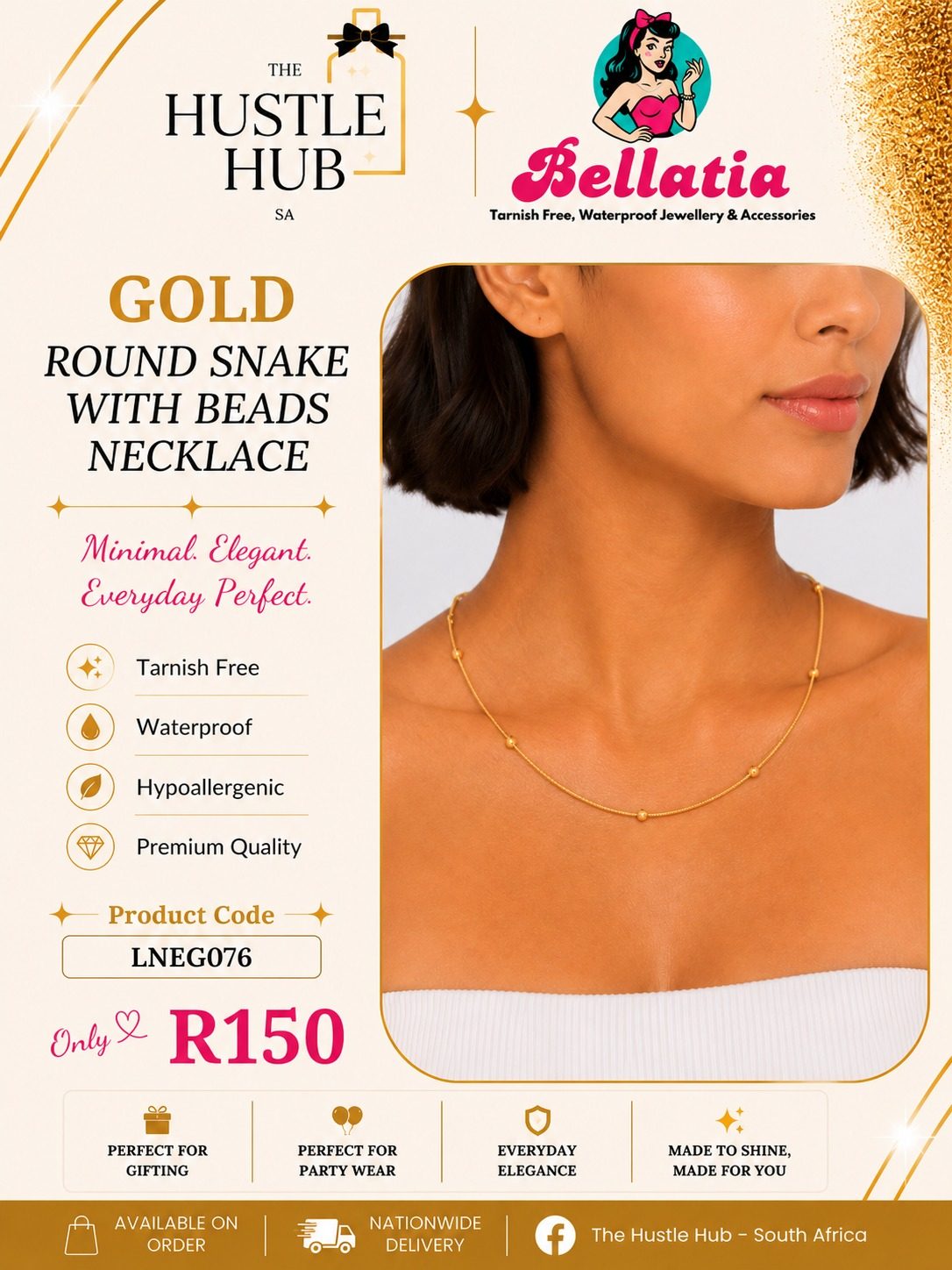 Gold Round Snake with Beads Necklace