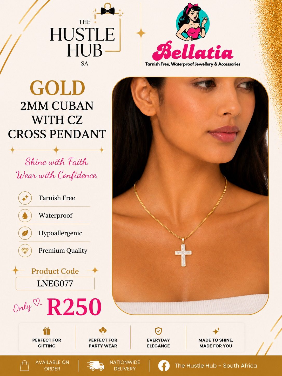 Gold 2mm Cuban with CZ Cross Pendant