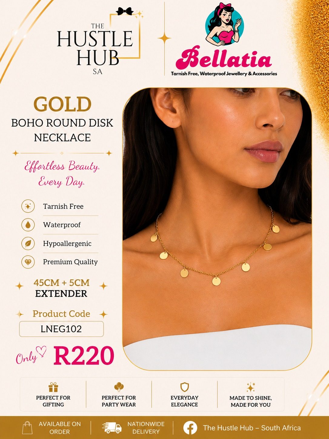 Gold Boho Round Disk Necklace