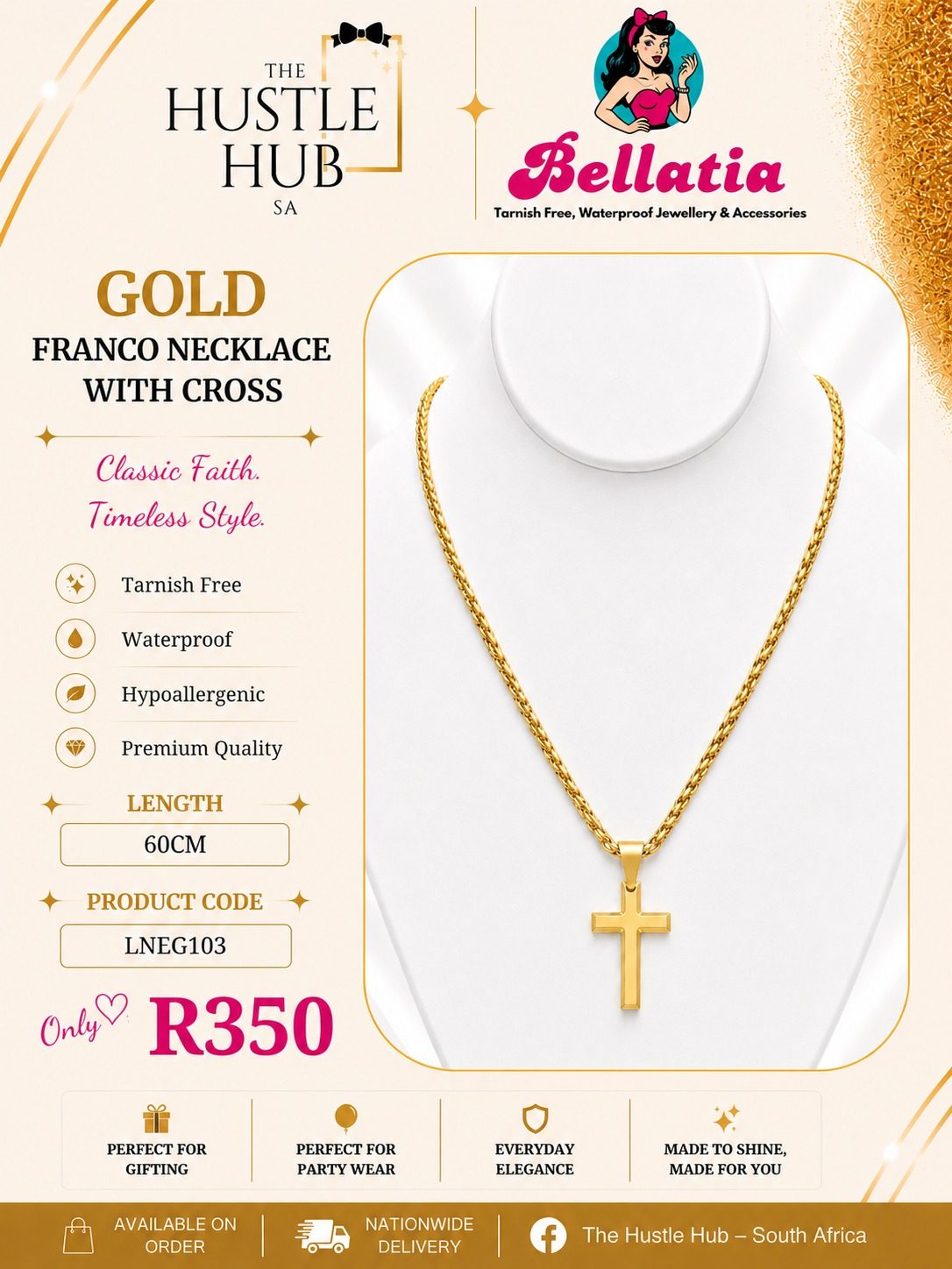 Gold Franco Necklace with Cross