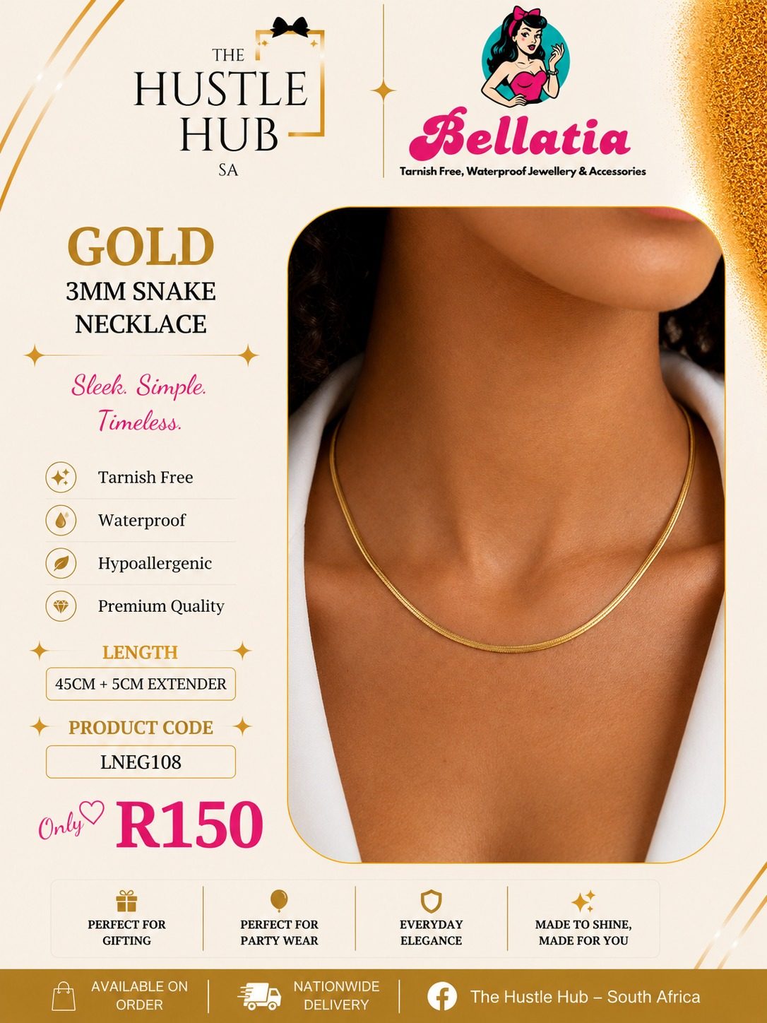 Gold 3mm Snake Necklace