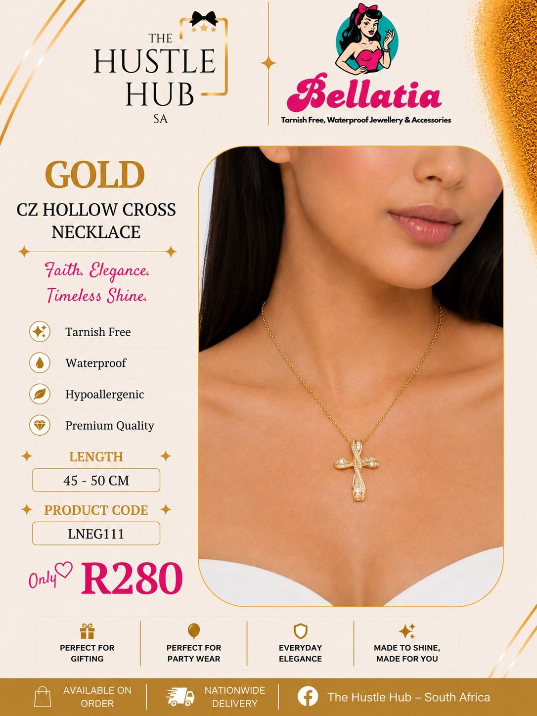 Gold CZ Hollow Cross Necklace