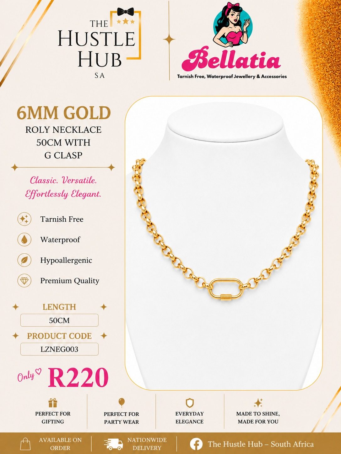 6mm Gold Roly Necklace with G Clasp