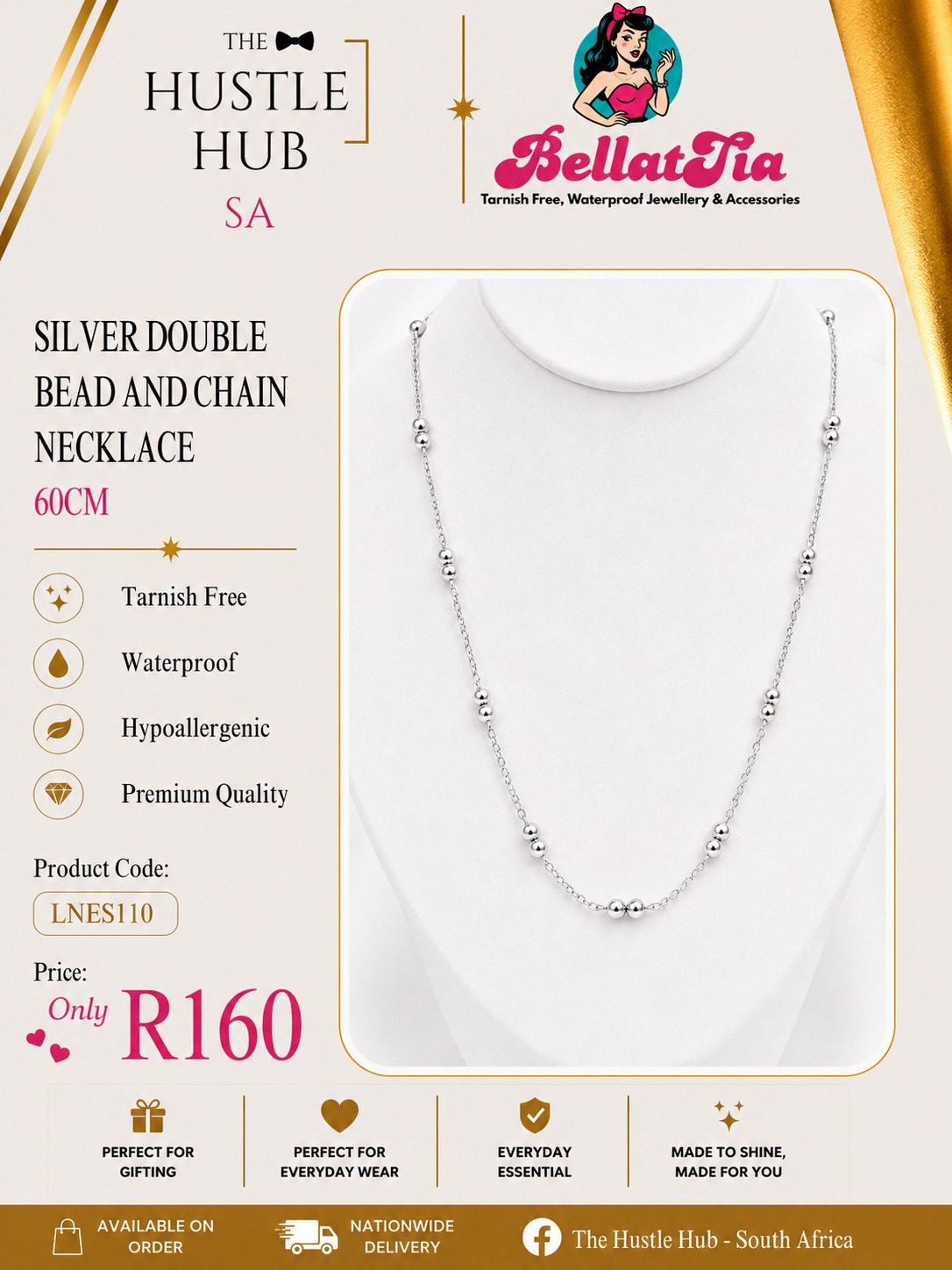 Silver Double Bead and Chain Necklace