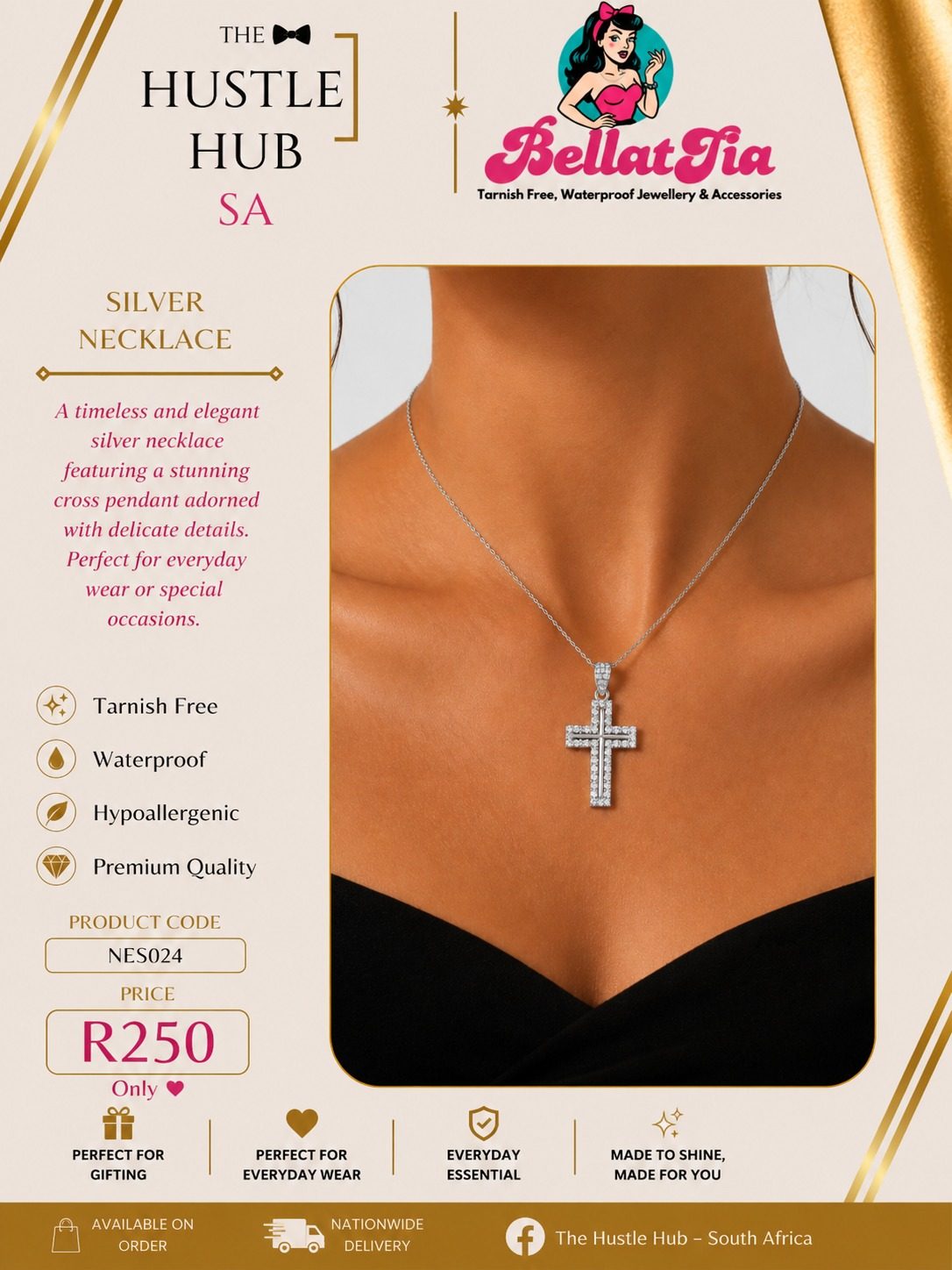 Silver CZ Cross Necklace — Large