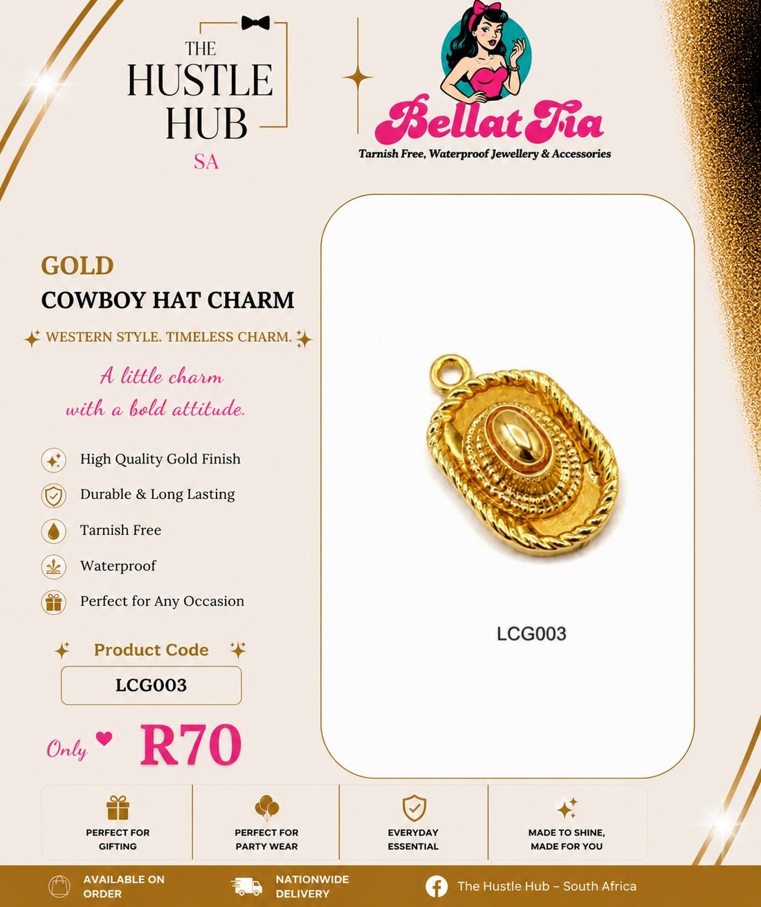 Gold Cowboy Hat Charm