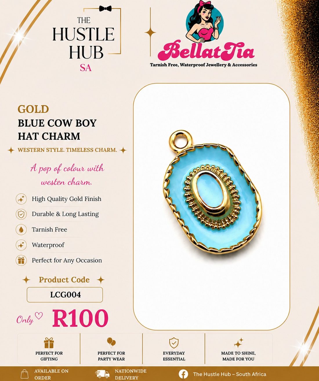 Gold Blue Cowboy Hat Charm