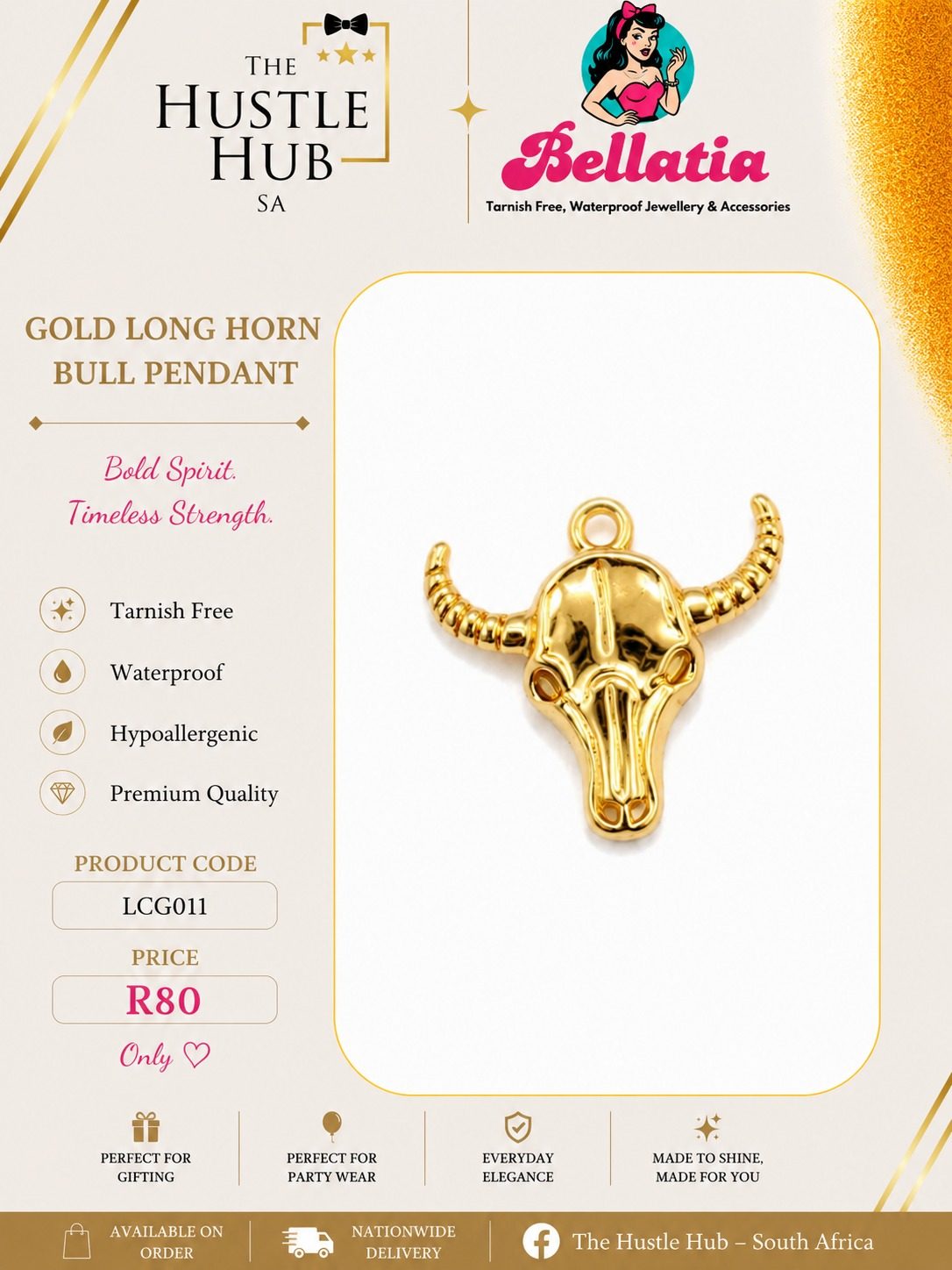 Gold Long Horn Bull Pendant