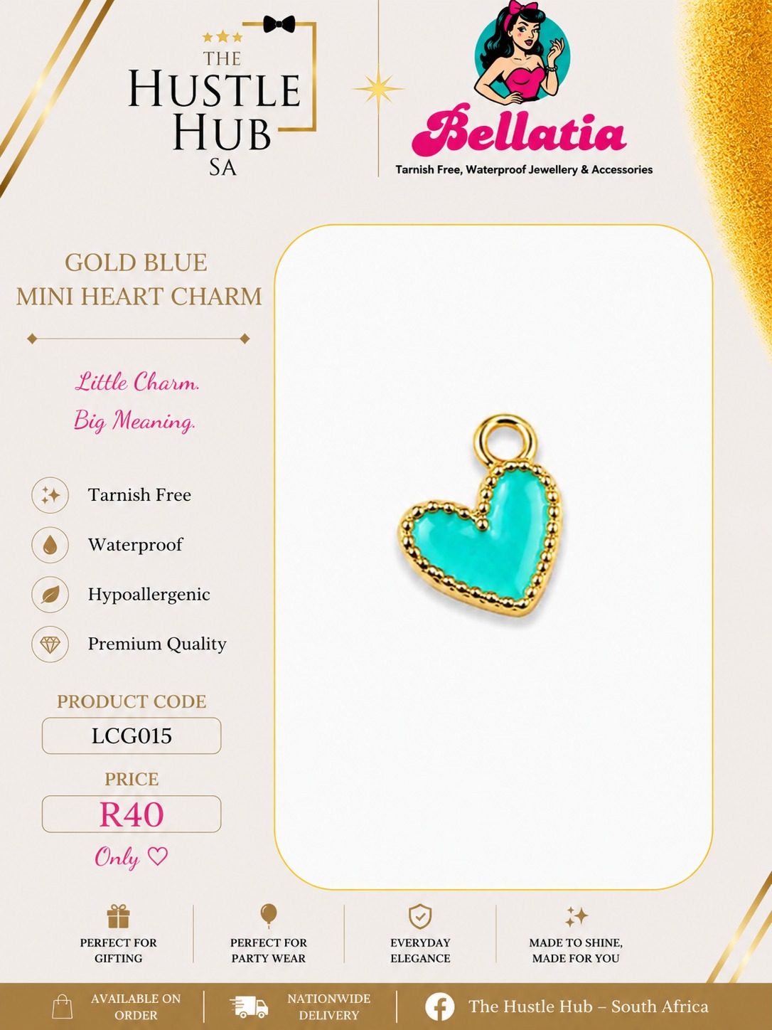 Gold Blue Mini Heart Charm