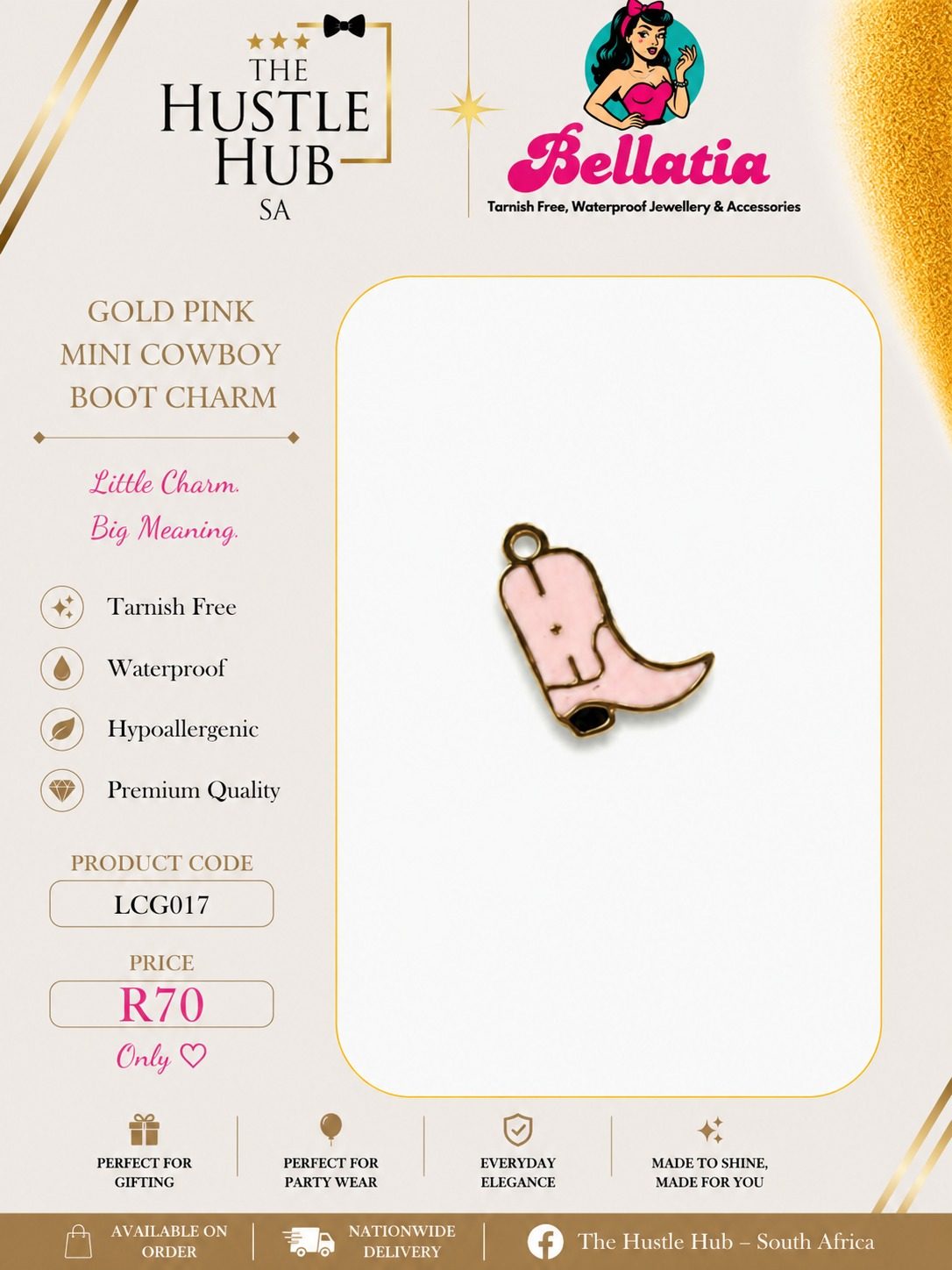 Gold Pink Mini Cowboy Boot Charm