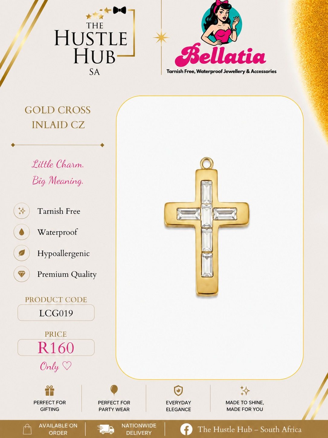 Gold Cross Inlaid CZ Pendant
