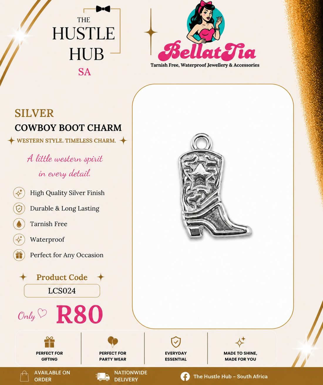 Silver Cowboy Boot Charm