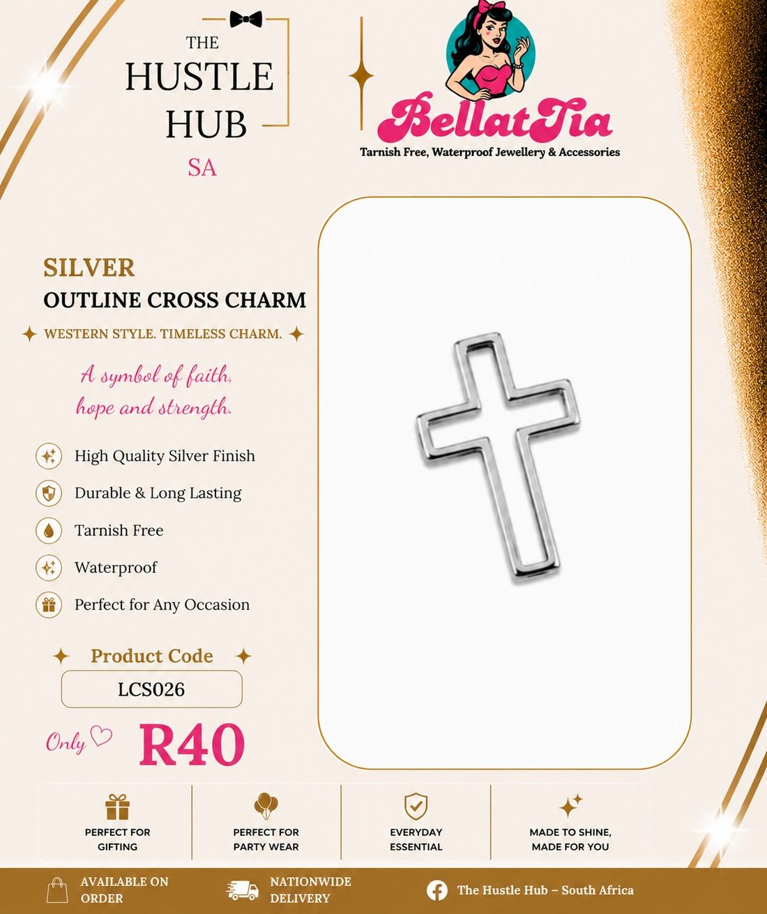 Silver Outline Cross Charm
