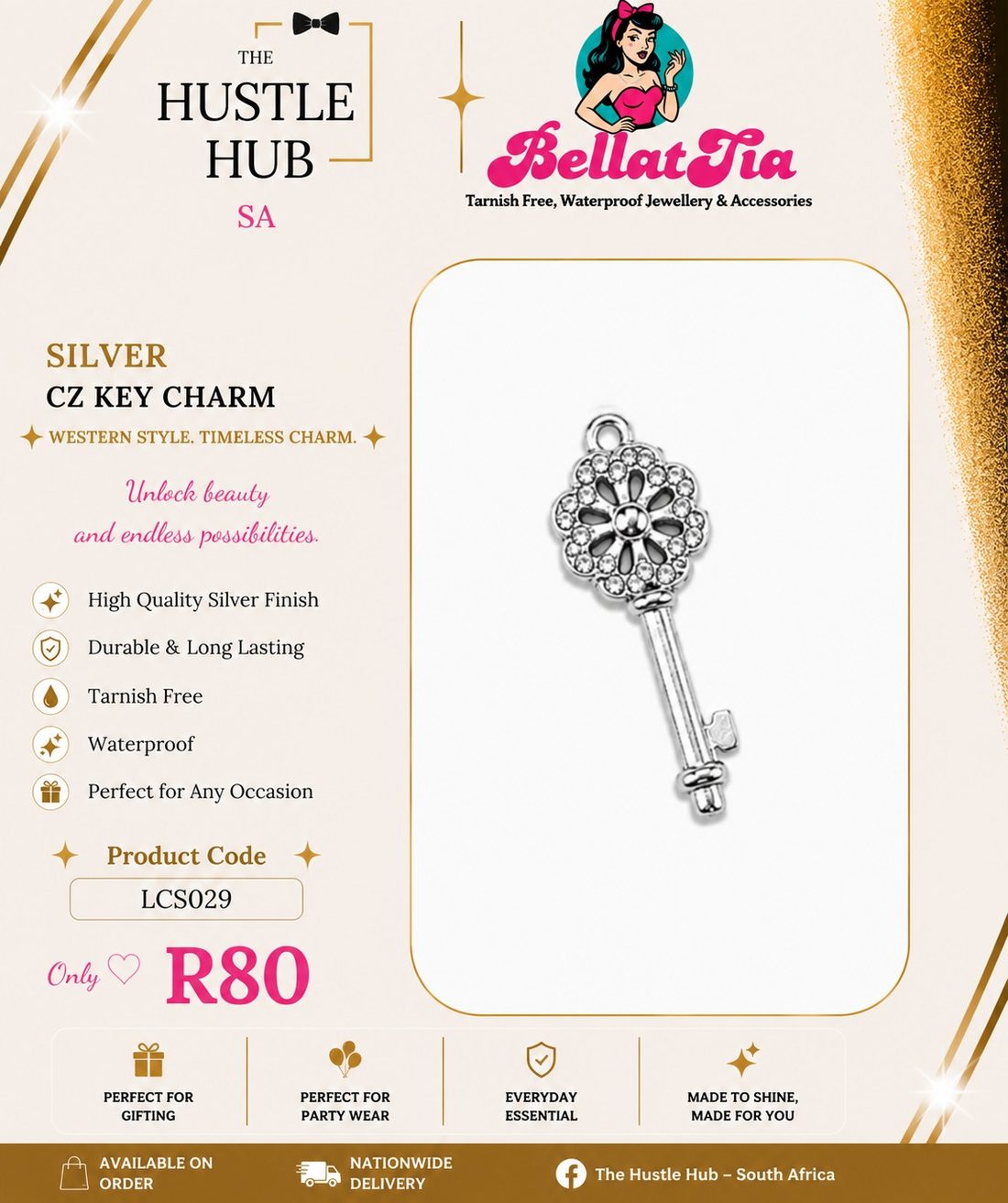 Silver CZ Key Charm