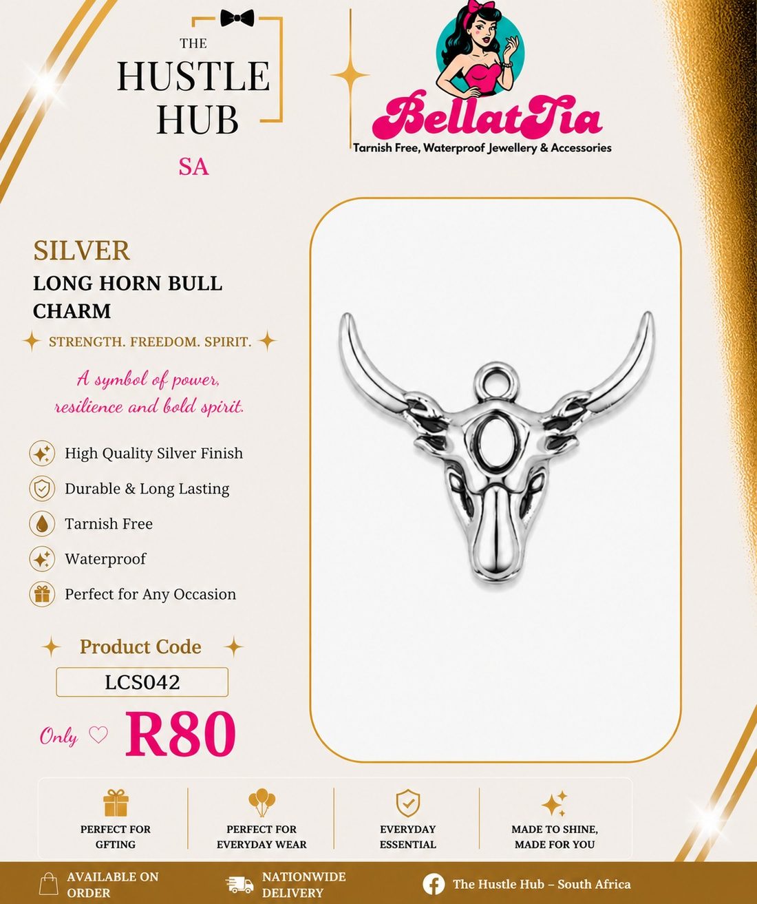 Silver Long Horn Bull Charm