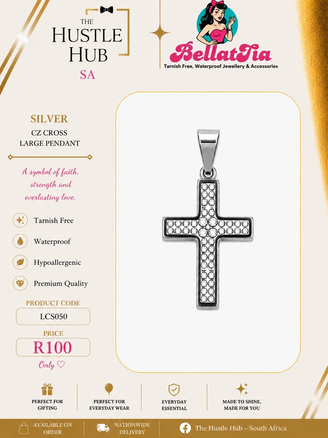 Silver CZ Cross Large Pendant
