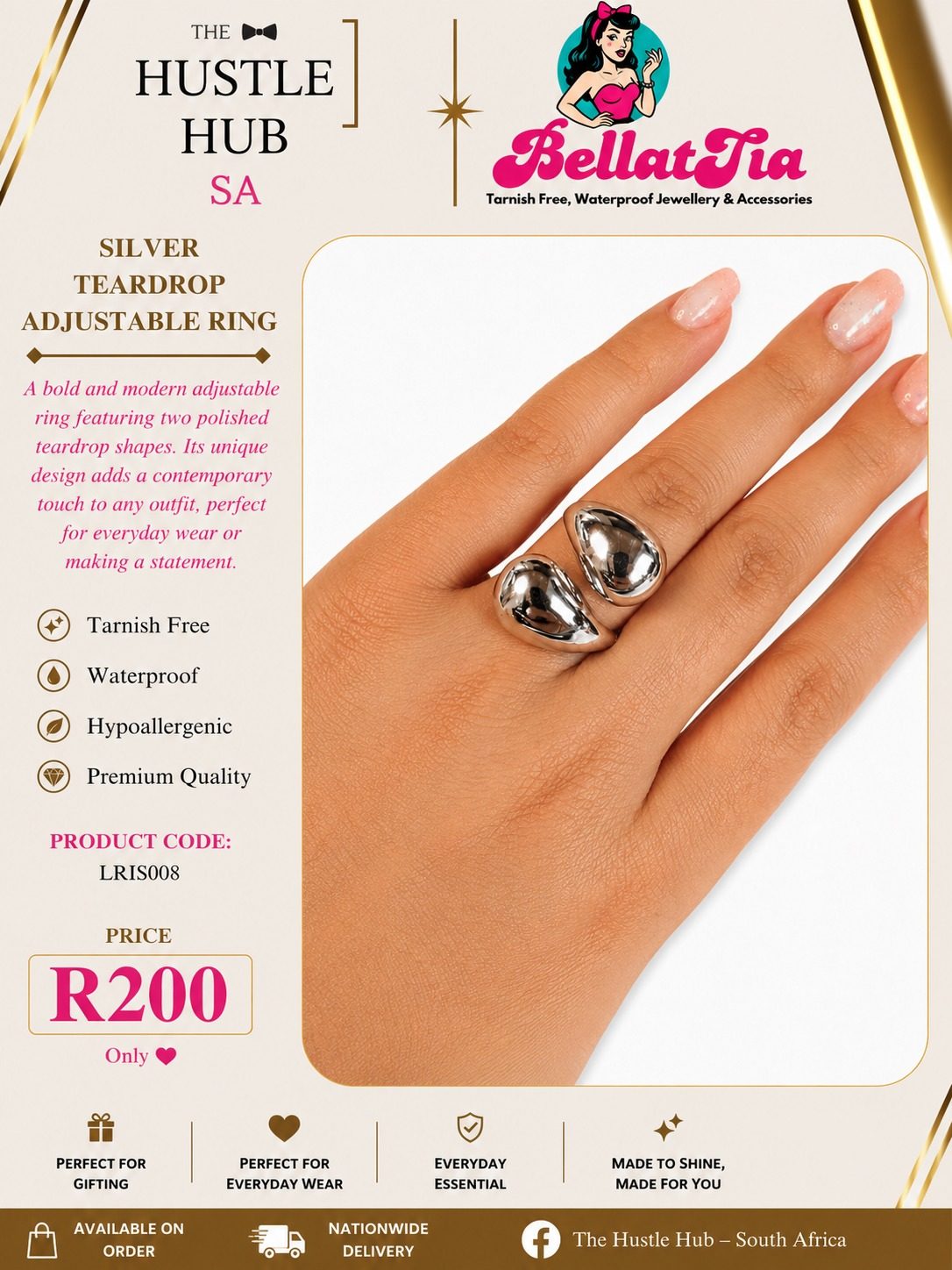 Silver Teardrop Adjustable Ring