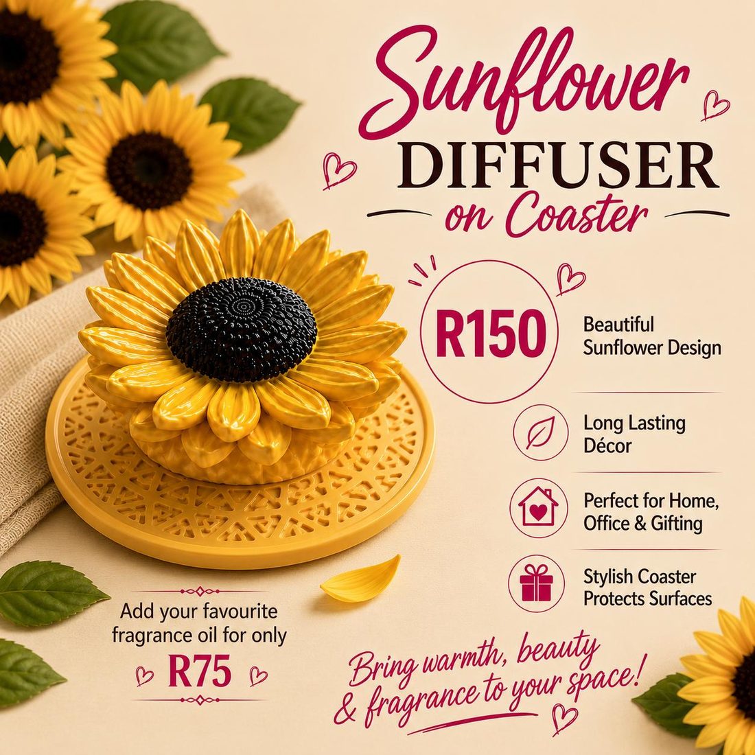 Sunflower Diffuser on Coaster