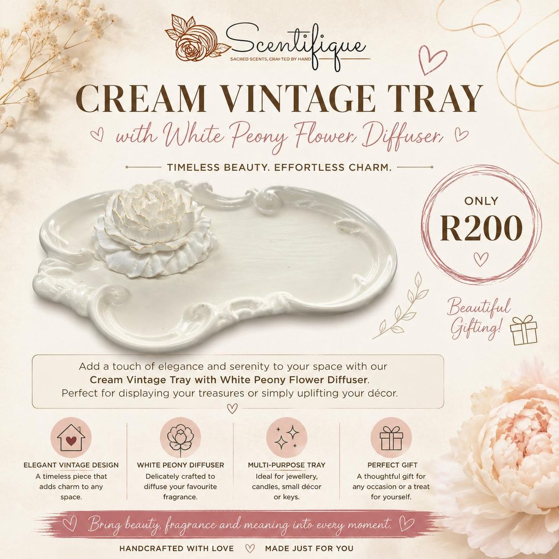 Cream Vintage Tray with White Peony Diffuser