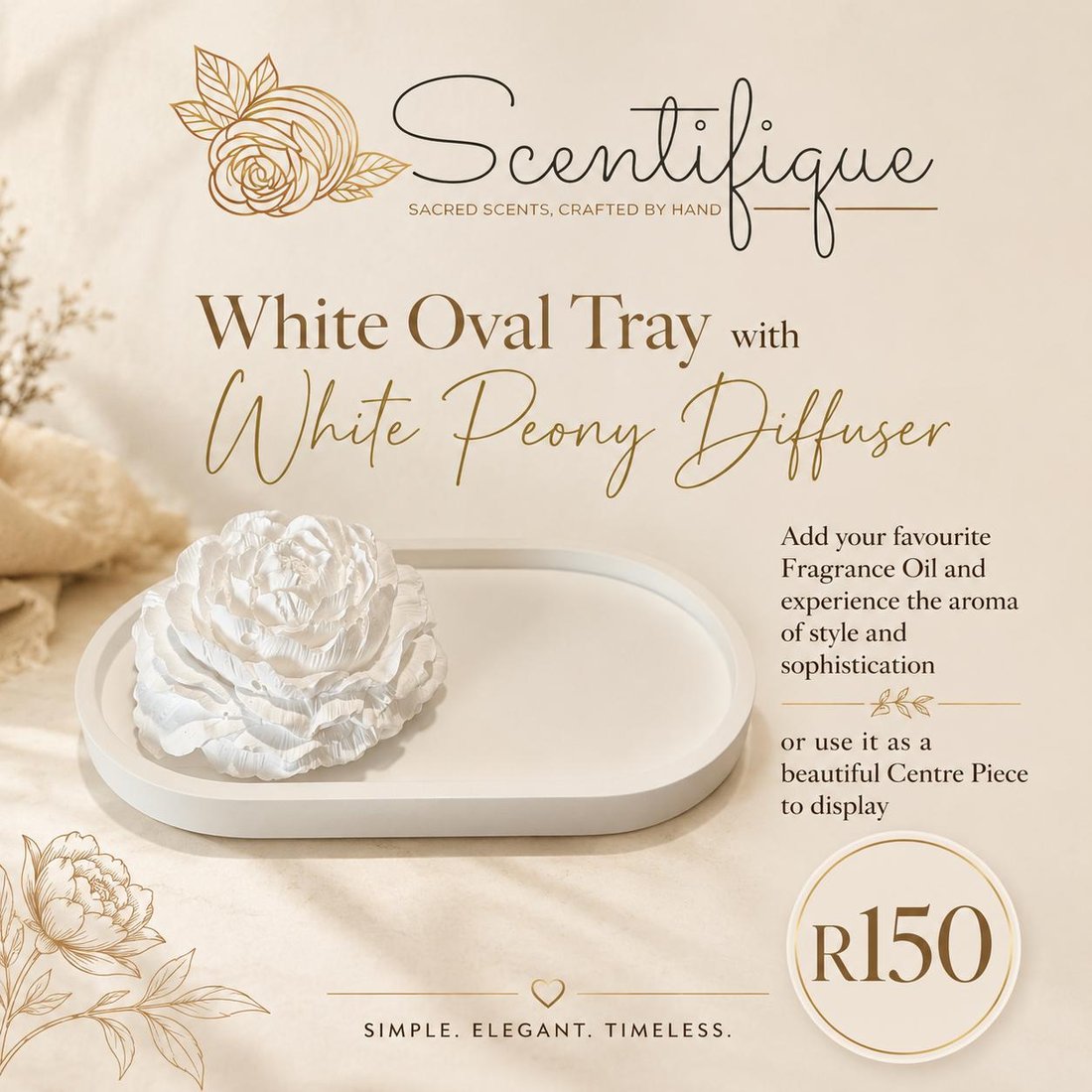 White Oval Tray with White Peony Diffuser